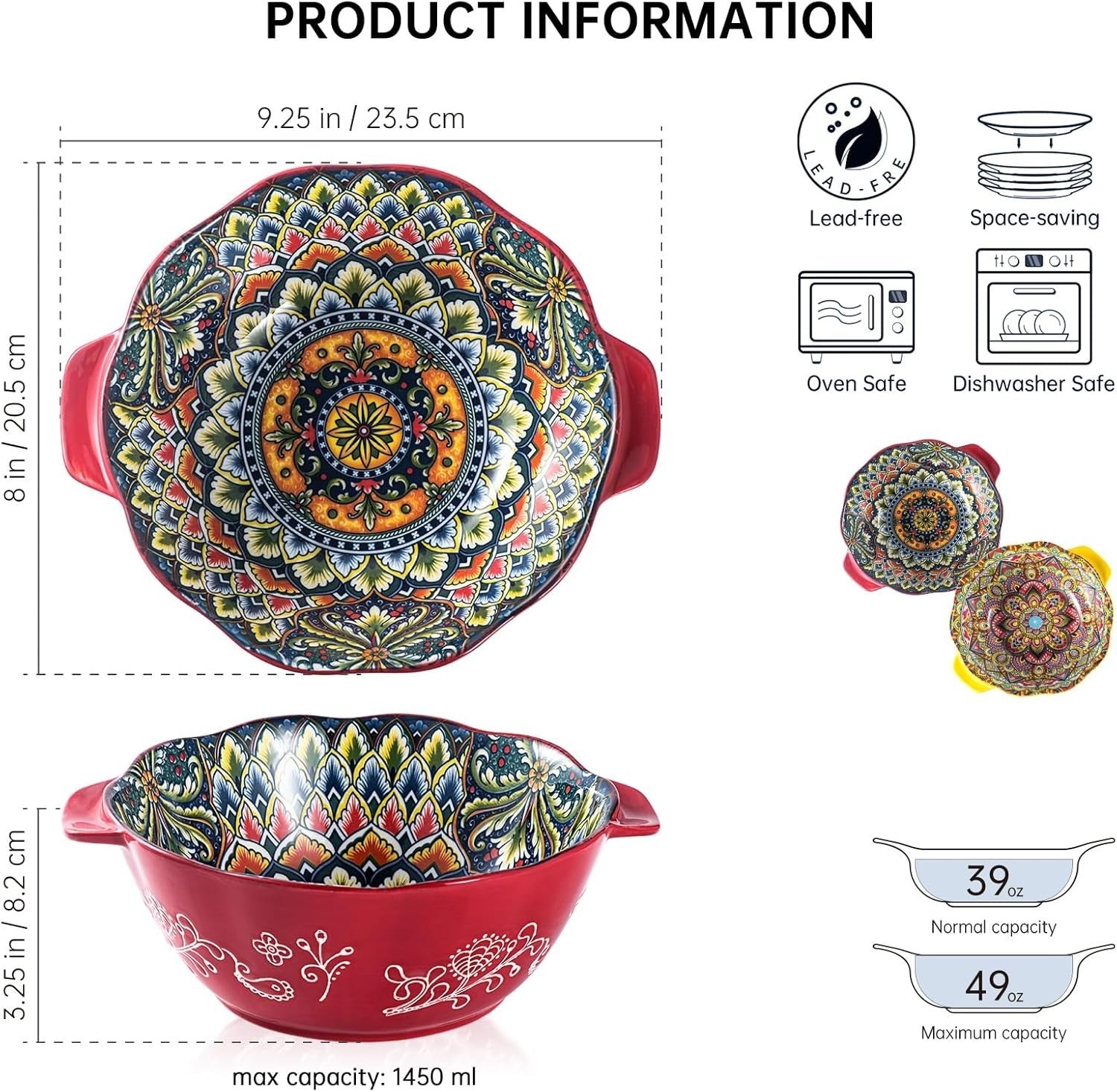 2-Piece Bohemian Ceramic Bowl Set – 49oz Large Salad & Soup Bowls