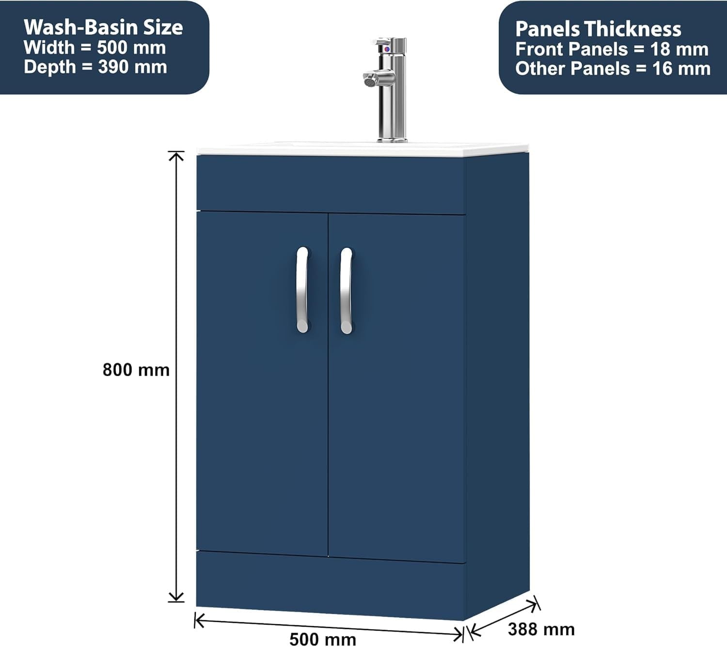 500mm Blue Bathroom Vanity Unit with Basin Under Sink Storage Cabinet Modern