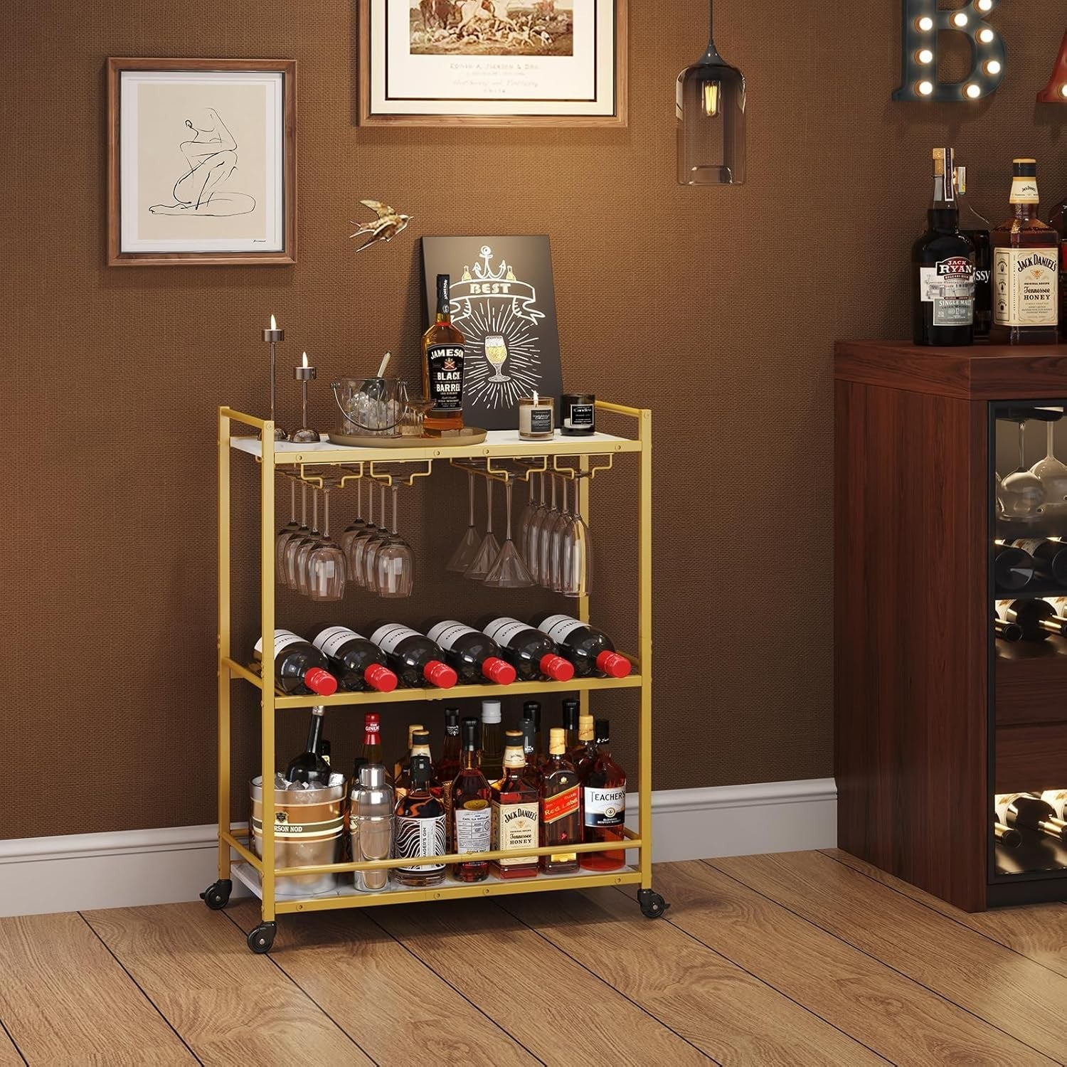 Gold 3 Tier Bar Cart with Wine Rack & Glass Holder | Drinks Trolley on Wheels