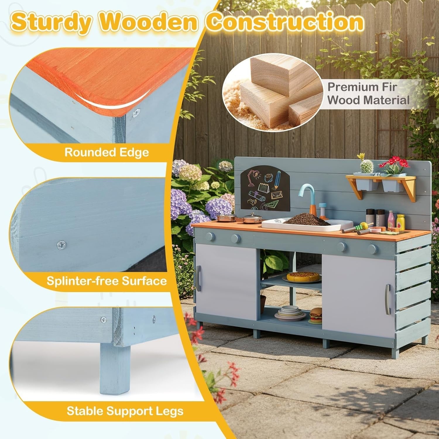 Outdoor Kids Mud Kitchen Wooden Playset Sink Stoves Chalkboard 3-8