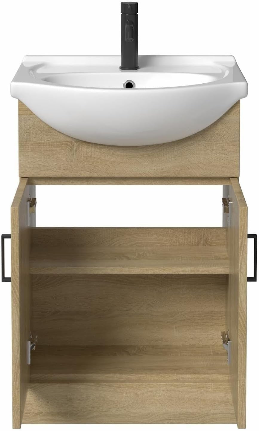 560mm Oak Effect Vanity Sink Unit – Freestanding Bathroom Basin Cabinet