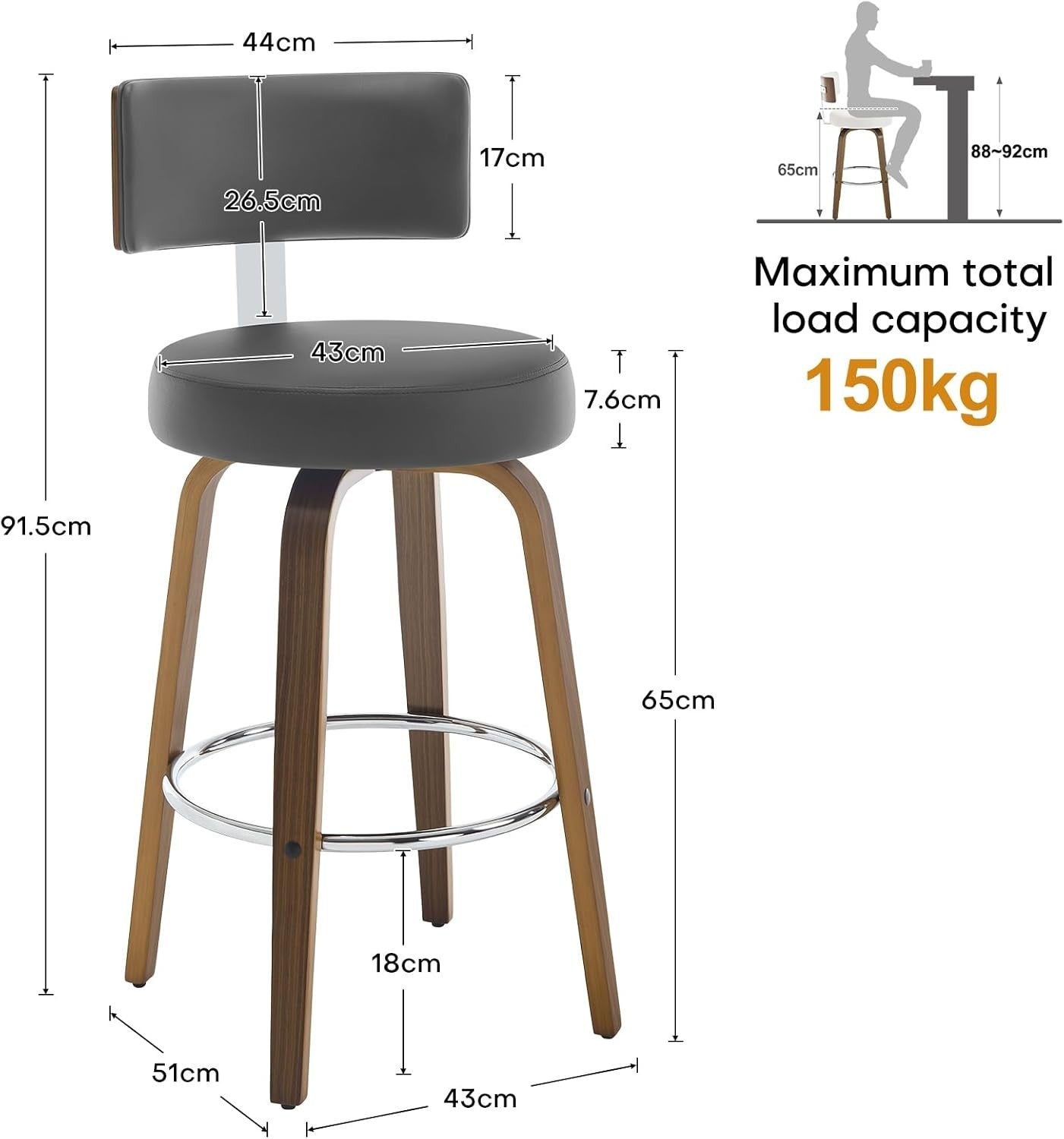 Gray Round PU Leather Swivel Bar Stools Set of 2 | Wooden Counter Chairs