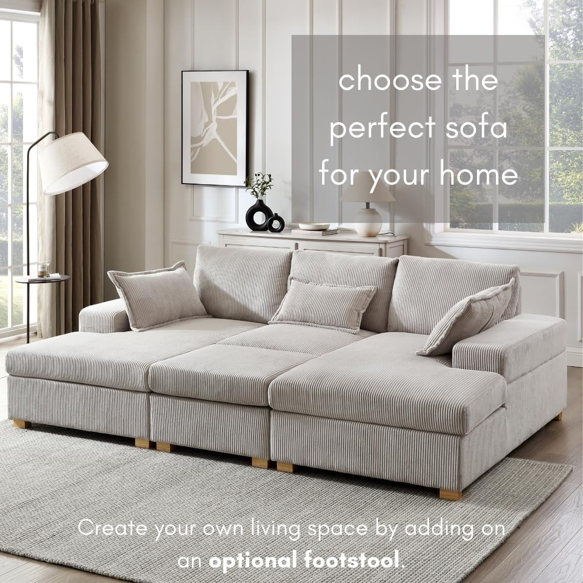 U-Shape Jumbo Cord Sofa Stone Grey 4-Seater | Deep Seat + Optional Footstool