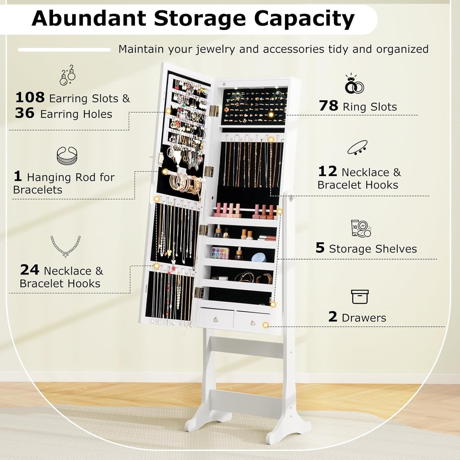 Freestanding LED Jewelry Cabinet Lockable Full Length Mirror Storage