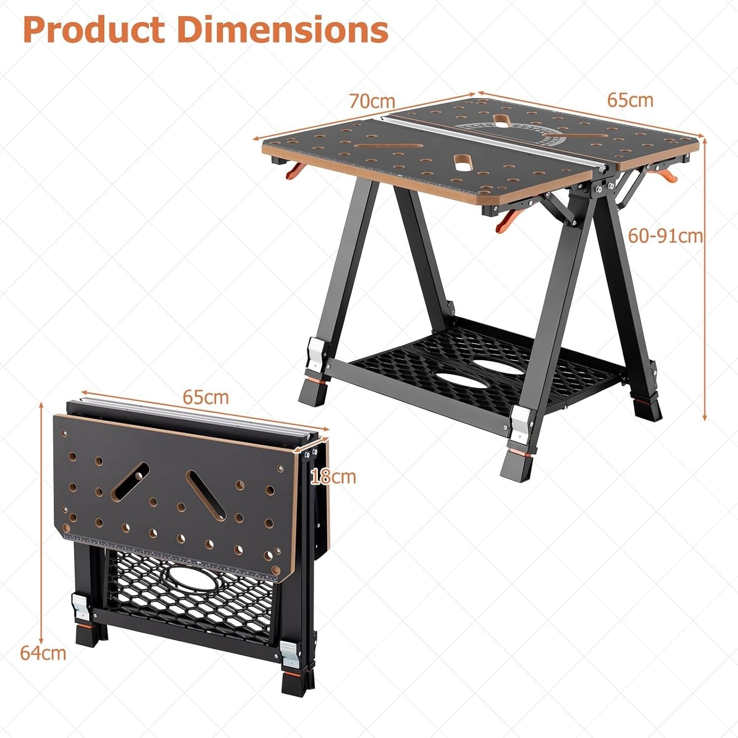 Folding Workbench 70x65cm Adjustable Height Sawhorse 450kg Table Orange