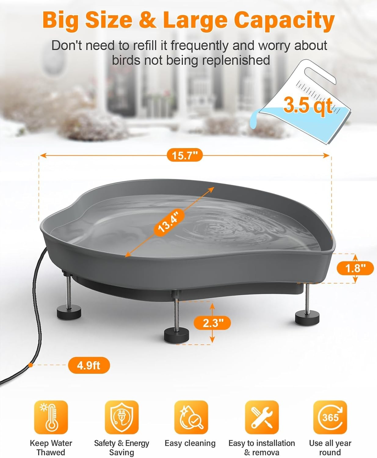 60W Heated Bird Bath Outdoor Winter Feeder Thermostat Anti-Freeze