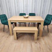 6 Seater Oak Effect Dining Table Set with Green Velvet Chairs & Bench Wood