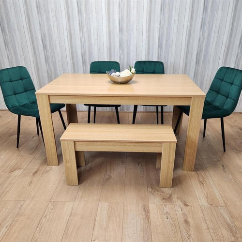 6 Seater Oak Effect Dining Table Set with Green Velvet Chairs & Bench Wood