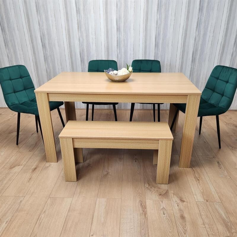 6 Seater Oak Effect Dining Table Set with Green Velvet Chairs & Bench Wood