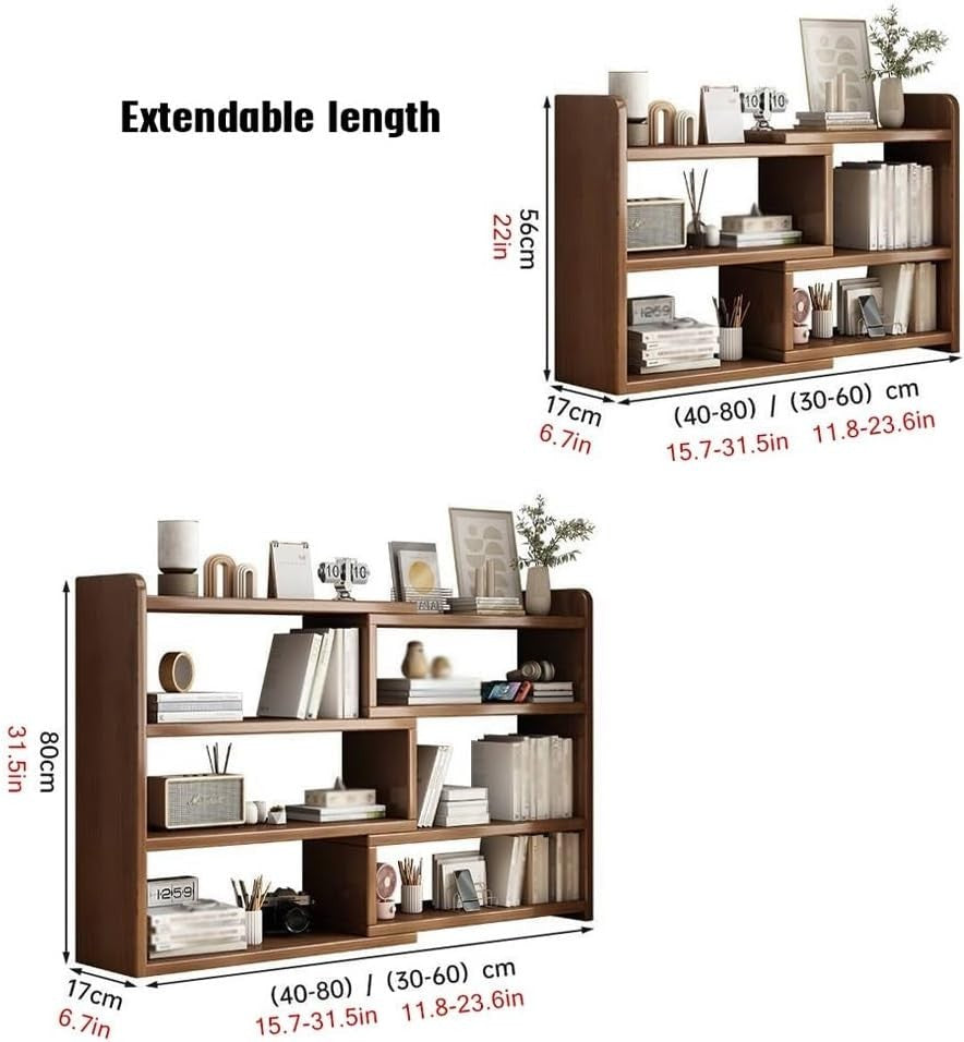 Expandable 3-Tier Wood Desktop Bookshelf | Adjustable Brown Desk Storage 30–60cm