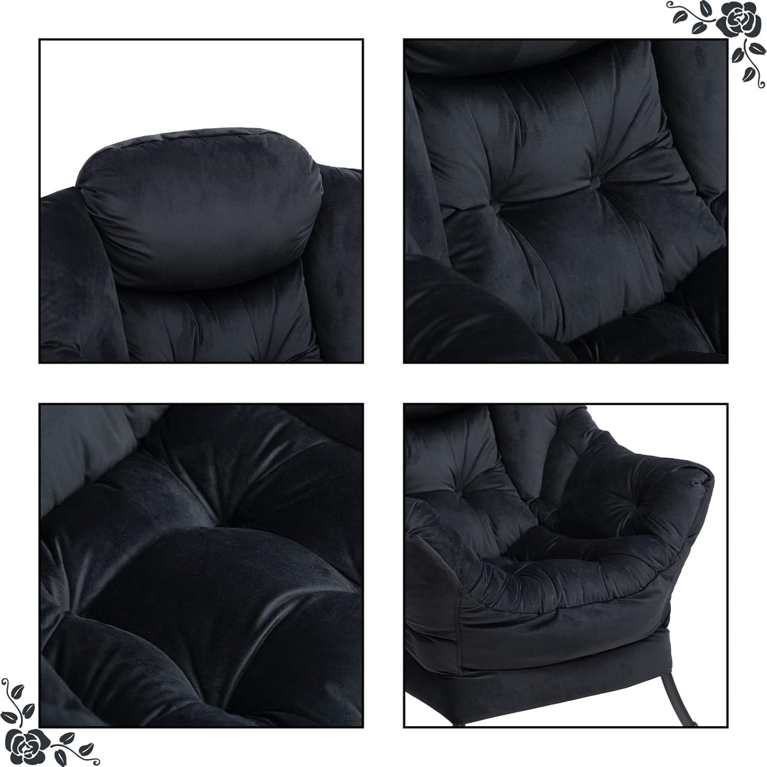 Plush Velvet Armchair with Footstool Living Room Bedroom Lounge Chair Black