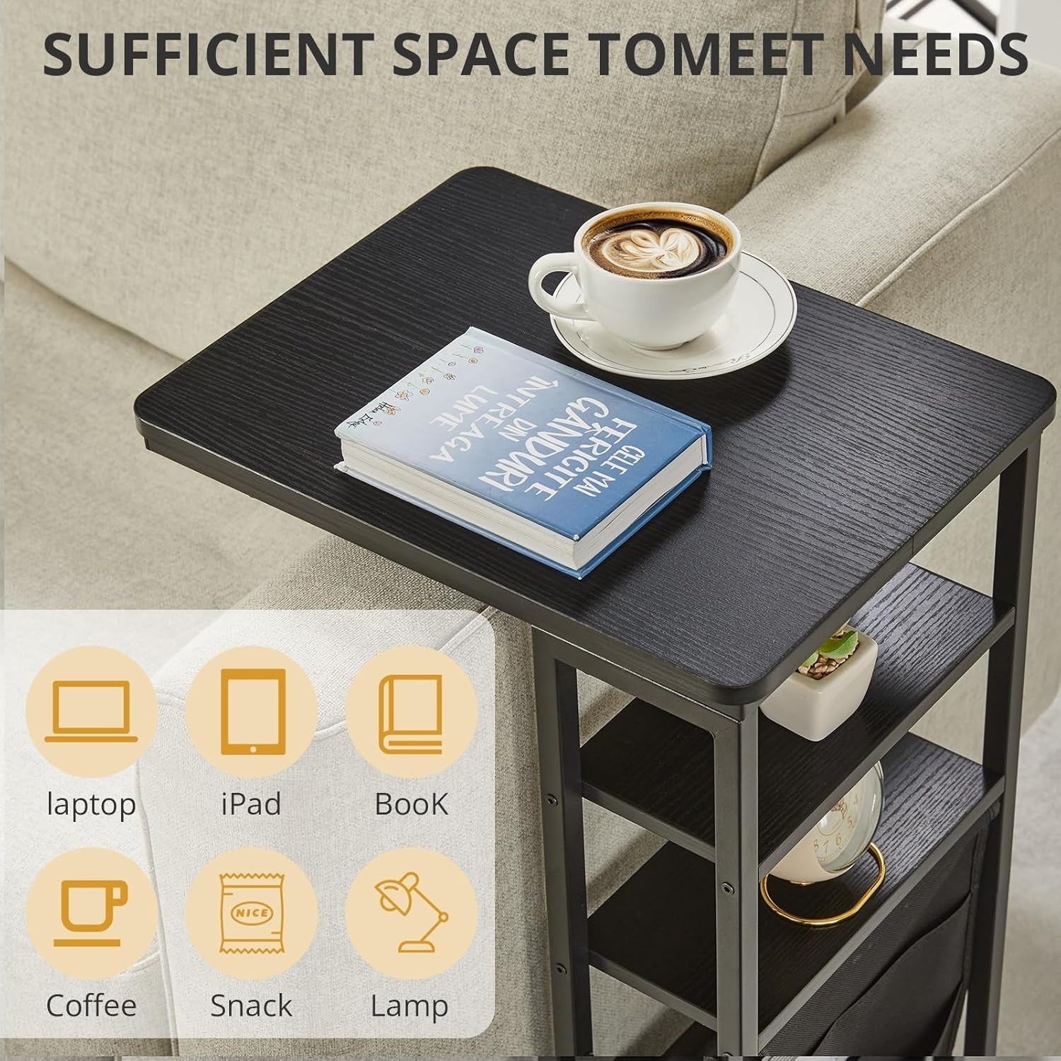 Black C-Shaped End Table 3-Tier Slim Side Table with Storage Bag for Sofa