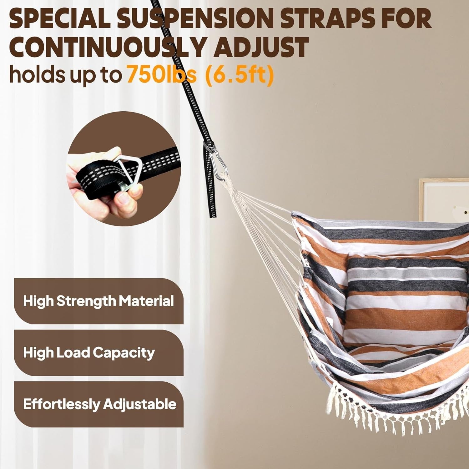 Brown Striped Hammock Chair with 2 Cushions & Straps | 500lbs Indoor Outdoor