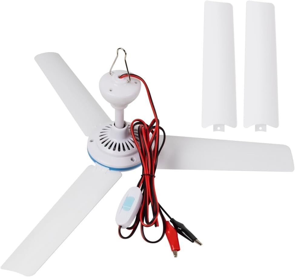 ESLOYSUN DC 12V Portable 19.7" Ceiling Fan, Battery Powered for Outdoor/RV