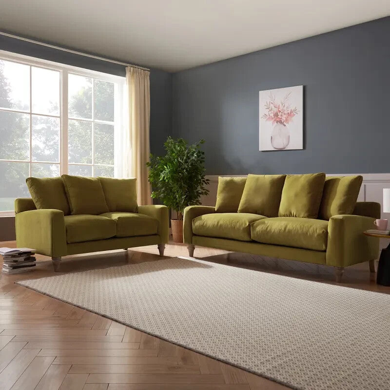 Olive Green Velvet 2 Seater Sofa Deep Scatter Cushions Feather-Filled Seat