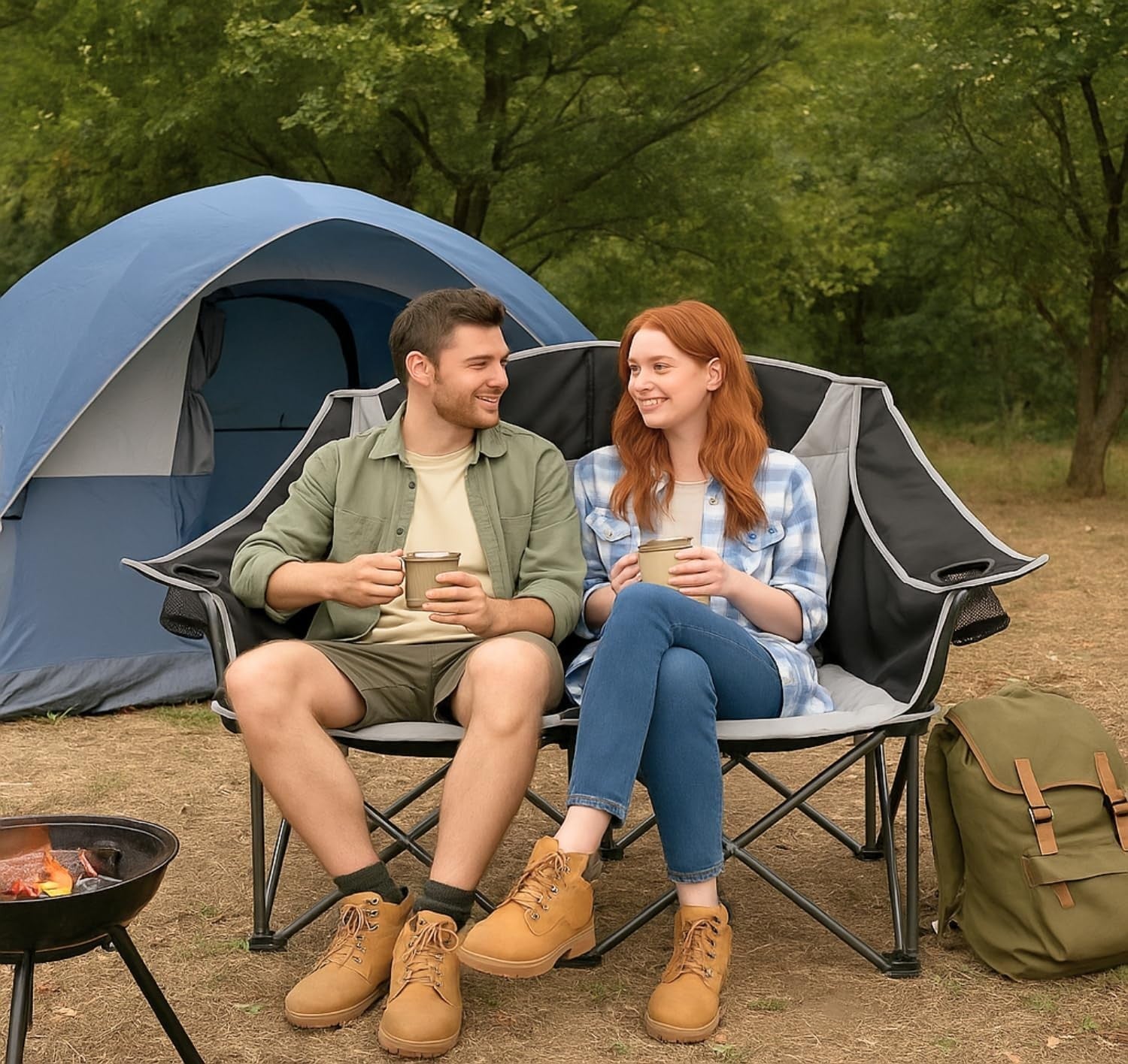 Double Folding Camping Chair | 2 Person Heavy Duty, Cup Holder, Portable