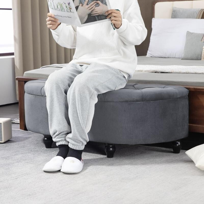 Velvet Storage Ottoman Bench Semi-Circle Bed End Stool Seat Grey Wood Legs