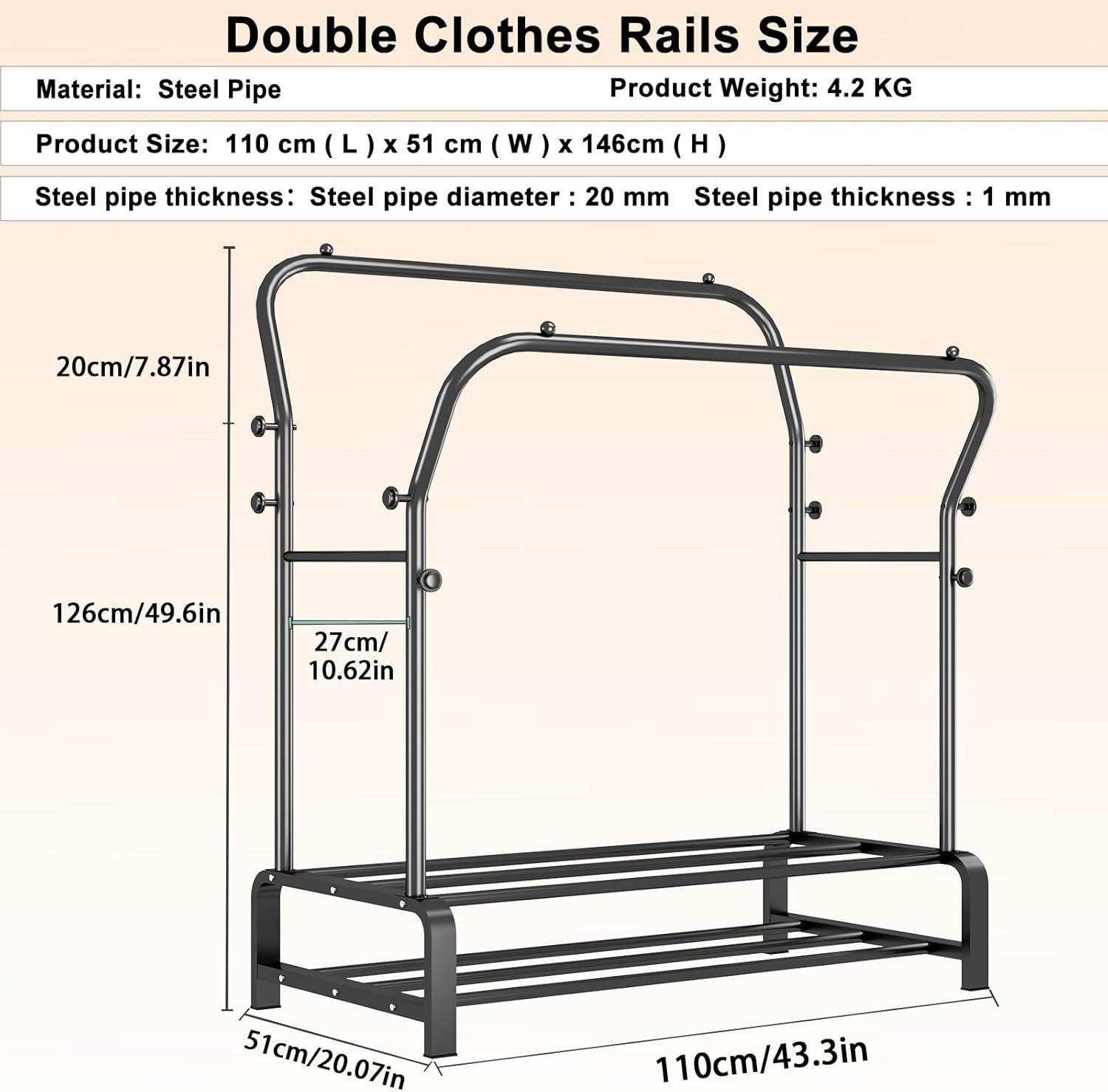 Heavy Duty Double Clothes Rail with Shelf & Hooks – Black
