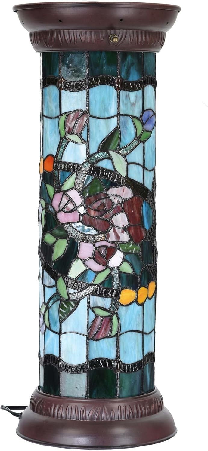 Rose Stained Glass Floor Lamp, 28" Antique Tiffany Style Pedestal Light