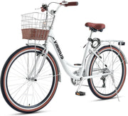 24" Women’s Comfort Cruiser Bike - 7 Speed Shimano, Rattan Basket, City Ride