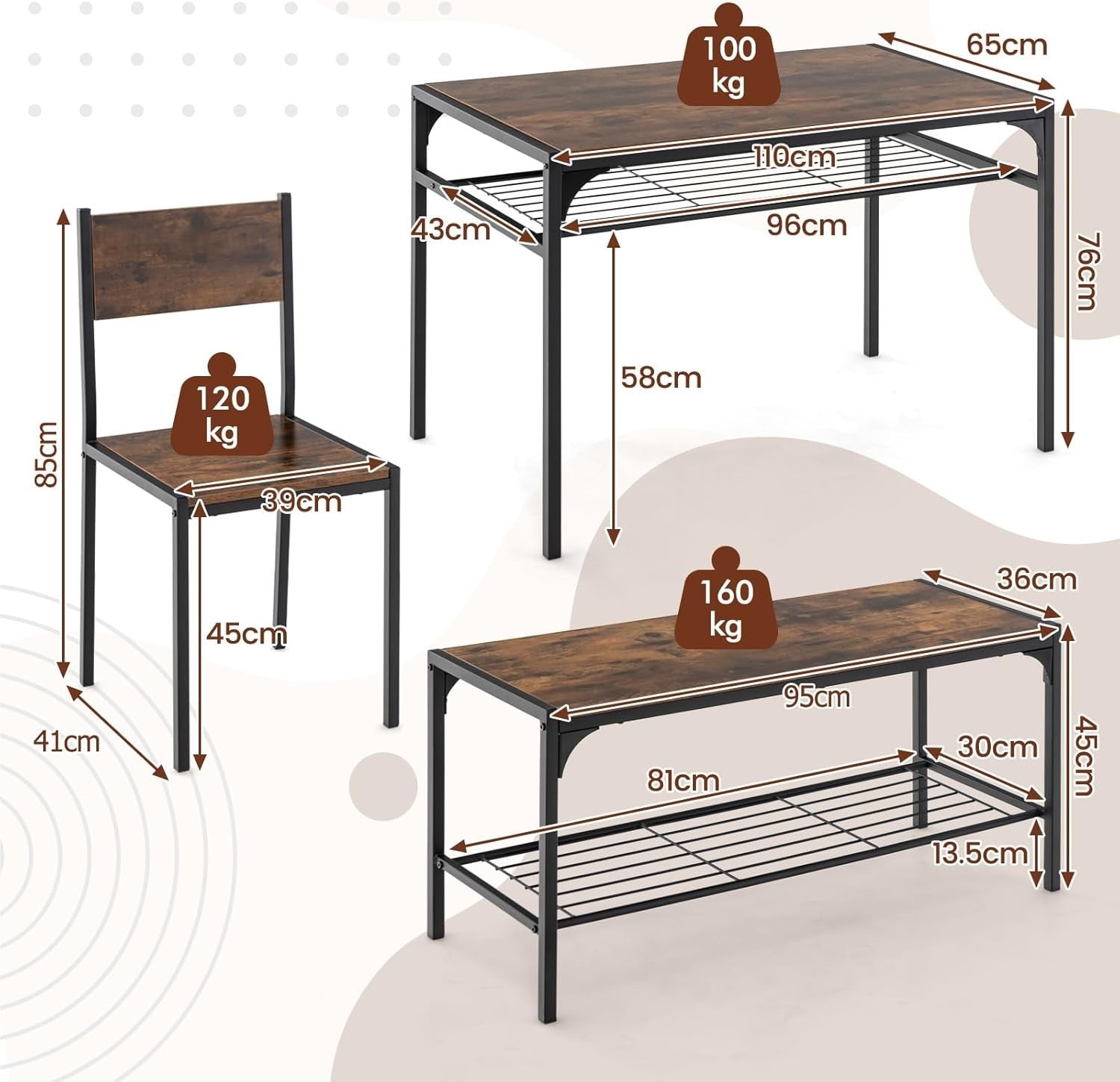 Dining Table Set with 2 Chairs & Storage Bench Rustic Brown for Small Space