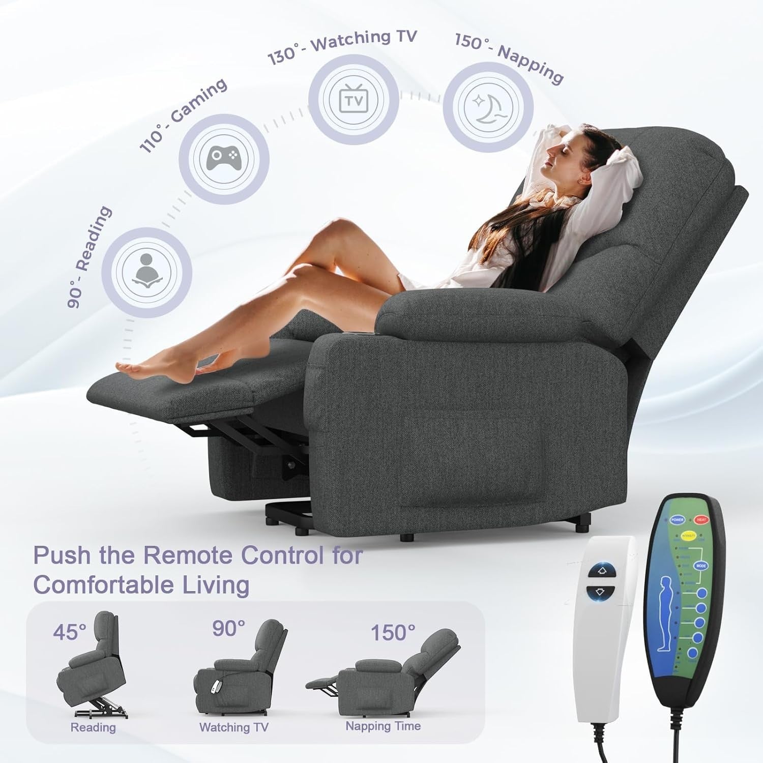 Electric Lift Recliner Chair Massage Heat Oversized w/ Footrest USB Type-C Grey