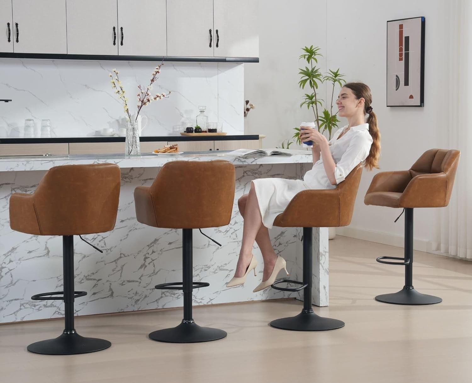 Adjustable home bar Brown PU Leather Bar Stools Set of 2 Swivel Kitchen Counter