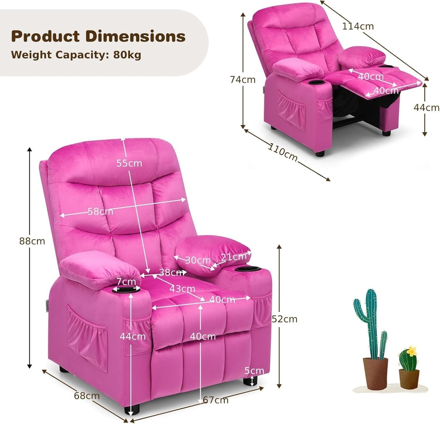 Pink  Adjustable Kids Recliner Chair with Footrest, Cup Holders & Side Pockets