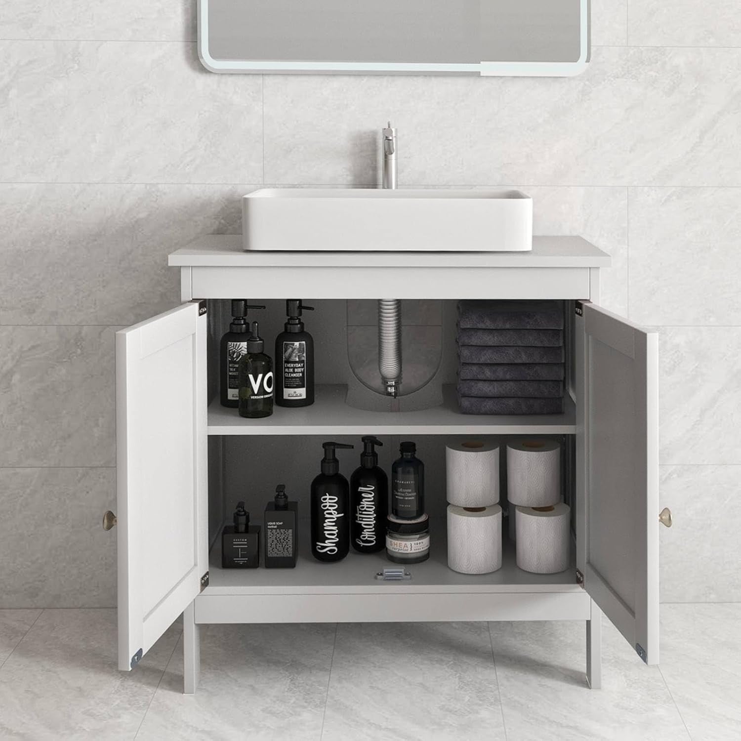 White Under Sink Bathroom Cabinet with Shelf & Long Legs – Freestanding Unit