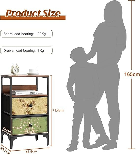 Slim Bedside Table with 2 Drawers & Shelf, Fabric Storage Cabinet for Bedroom