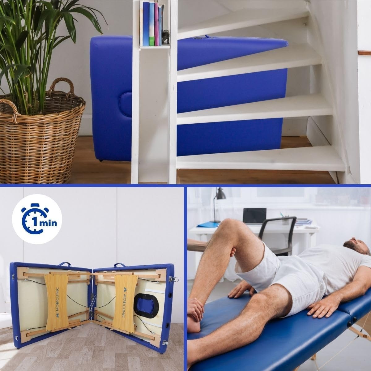 Portable Wooden Massage Table 2-Section Adjustable Therapy Bed Blue