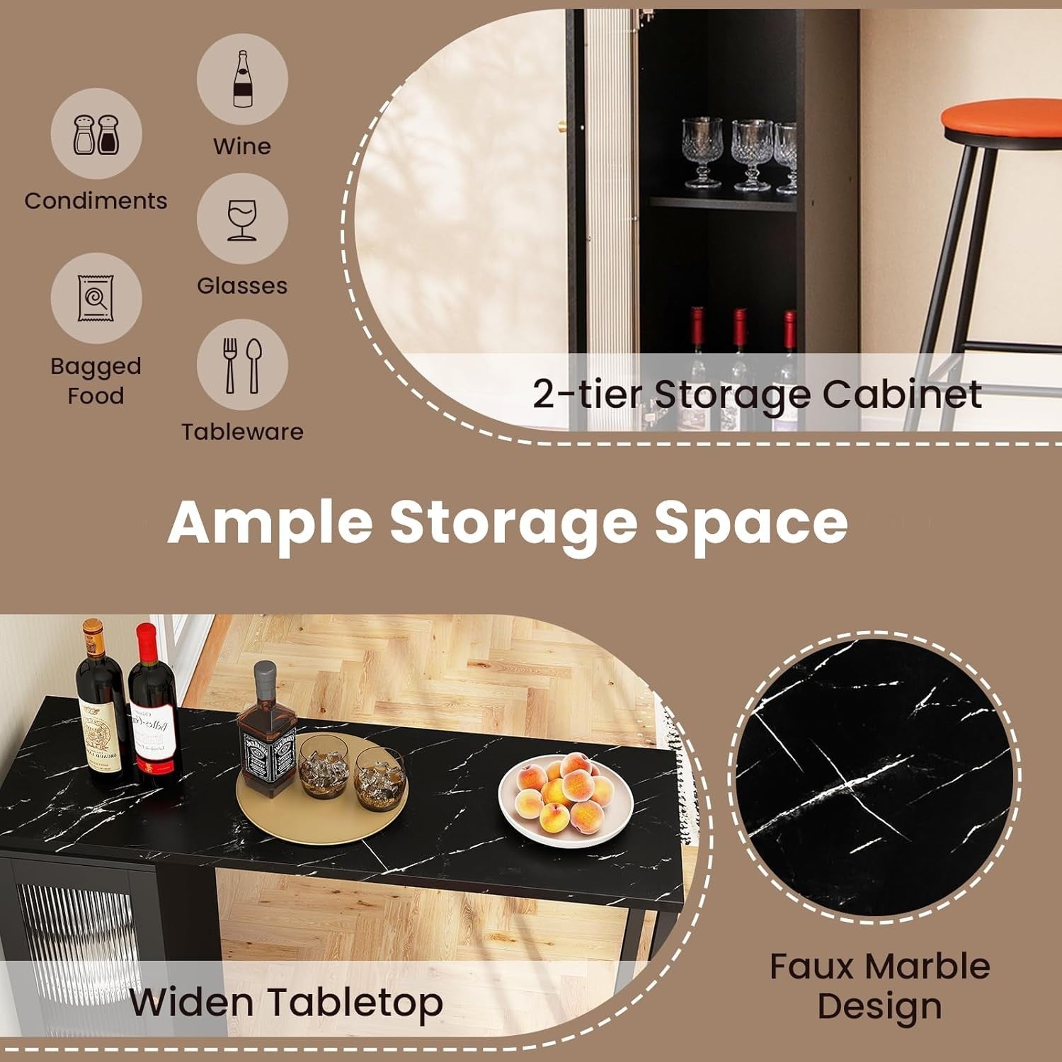 3 Piece Bar Table Set with Stools & Storage Cabinet Faux Marble Swivel Dining