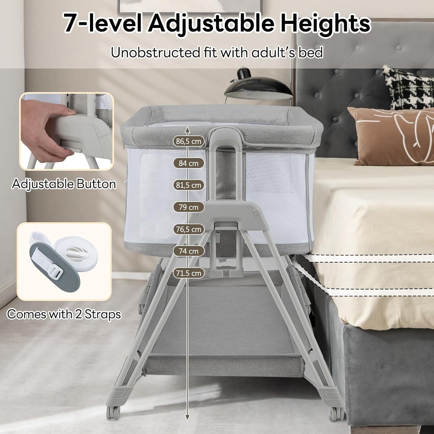 Baby Bedside Crib Adjustable Bassinet with Mattress Newborn Sleeper Grey