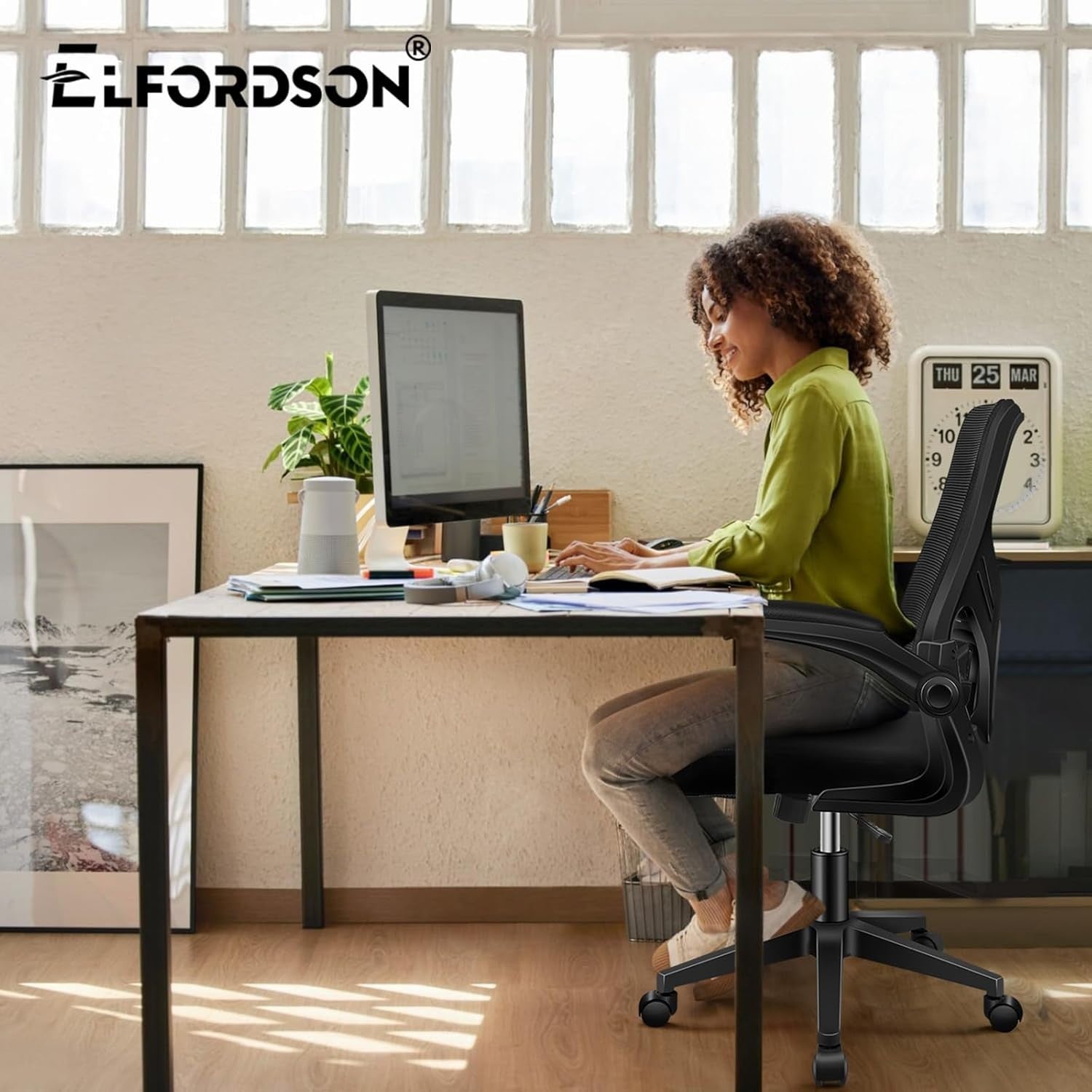Ergonomic Office Chair Mesh Mid Back Adjustable Height Flip Up Armrests Swivel