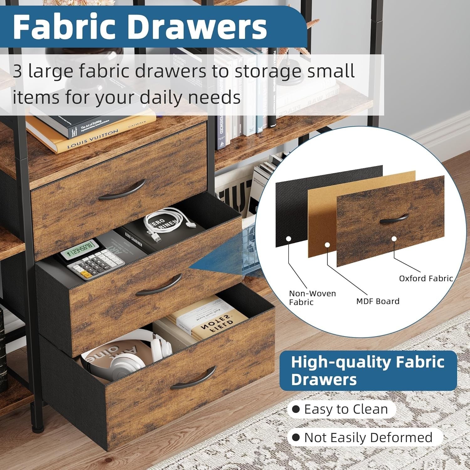 150cm Wide Tall 4-Tier Bookcase with 3 Fabric Drawers Industrial Storage