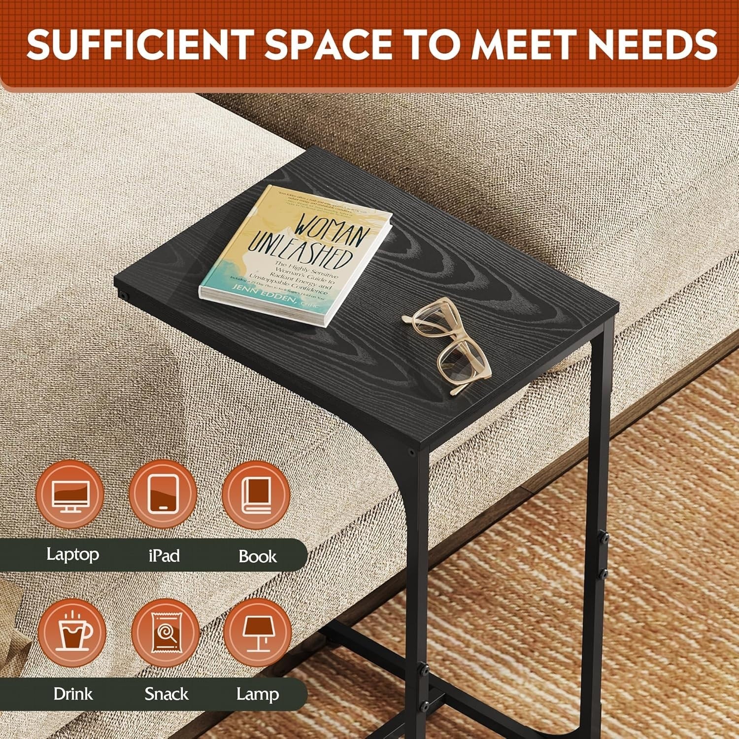 Slim C Shape Side Table Sofa Bed Desk Small Space Coffee End Table Black