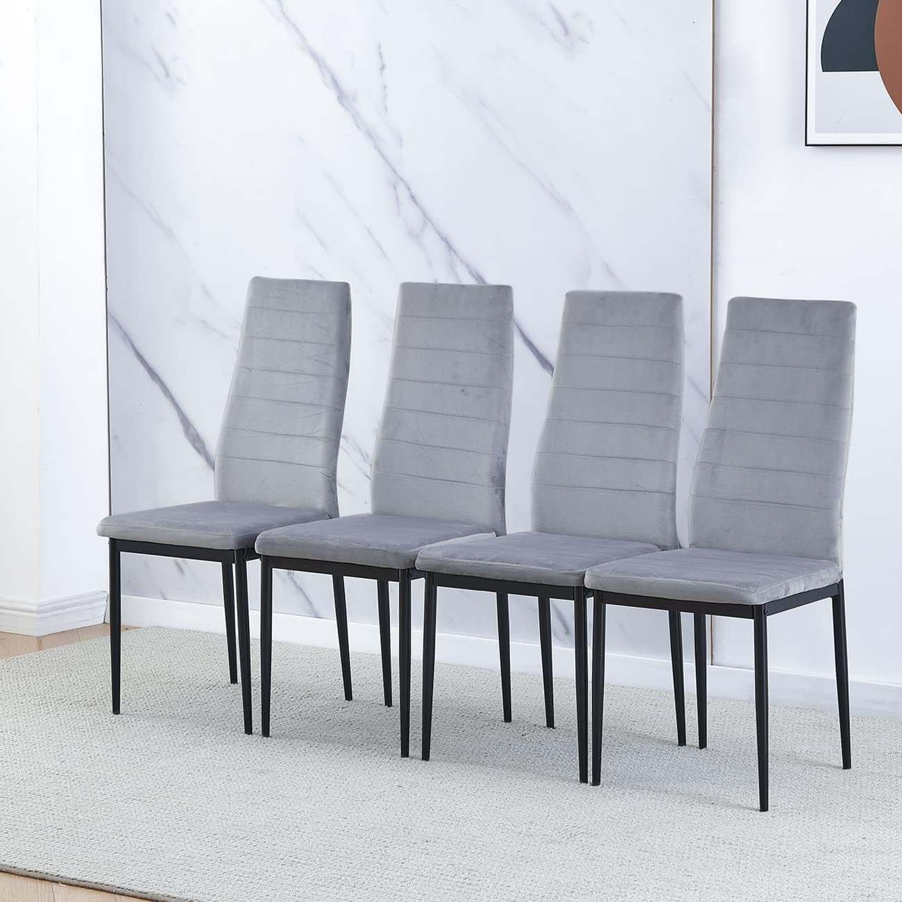 Compact Round Glass Dining Table with 4 Grey Velvet Chairs | Kitchen Set