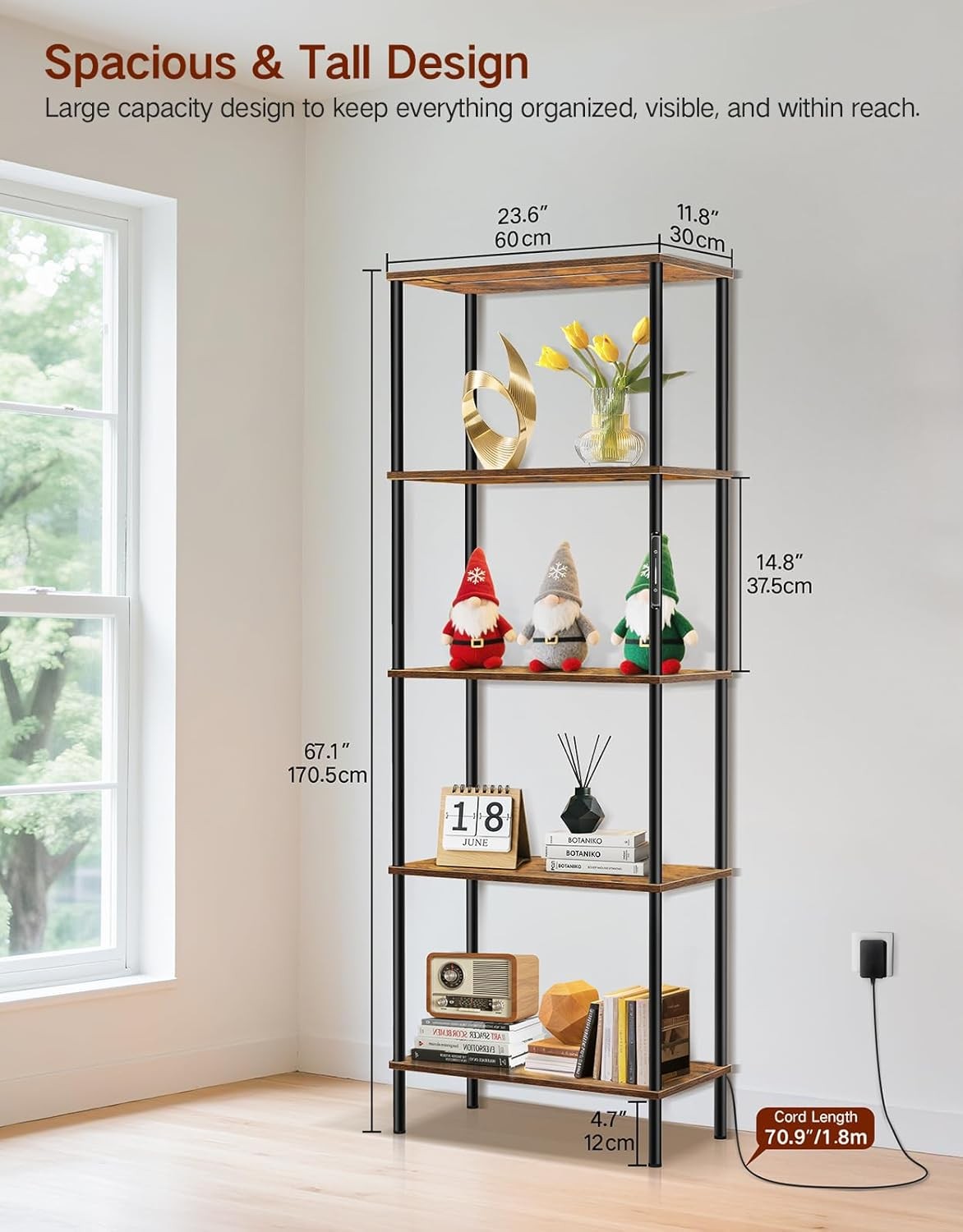 5 Tier LED Bookshelf Industrial Display Cabinet with Remote Control Storage Unit