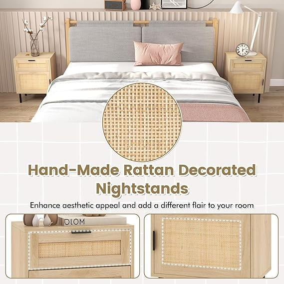 Rattan Bedside Tables Set of 2 with Drawer & Cabinet, Natural Wood & Metal Legs
