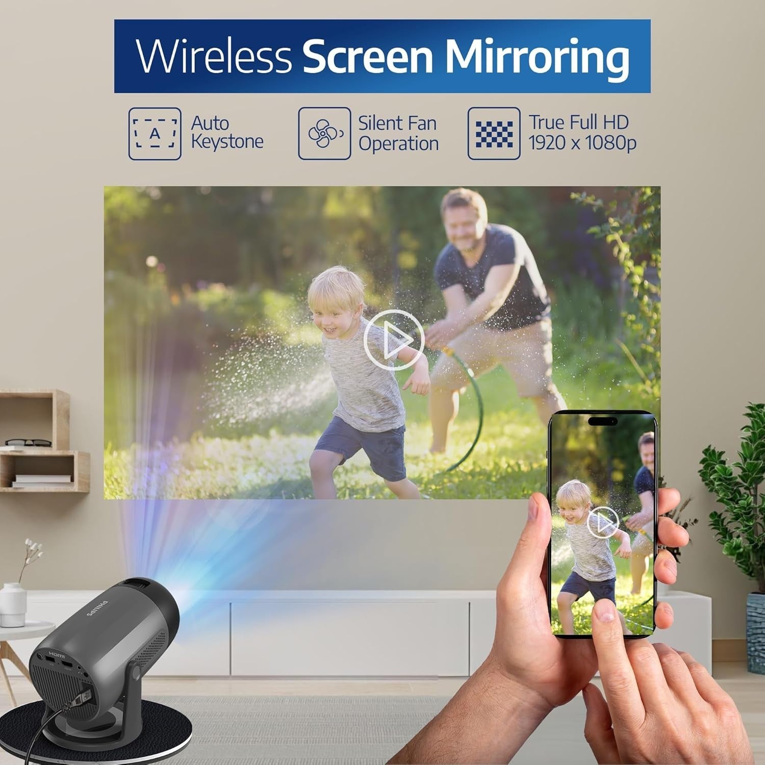 1080P Home Theater Projector WiFi 6 180° Rotatable Stereo 80”