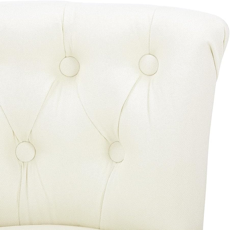 Beige Linen Vanity Chair with Tufted Back & Solid Wood Legs – Comfy Makeup Stool