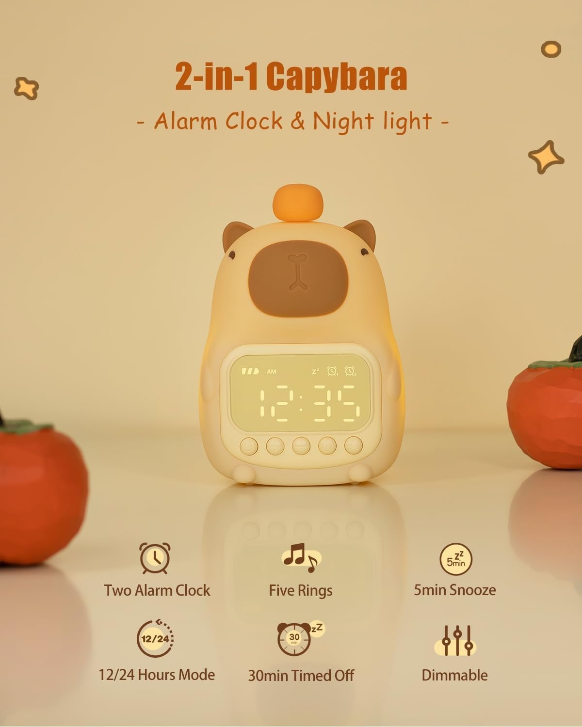 Cute Capybara Night Light Alarm Clock | Rechargeable Table Lamp for Kids & Teens