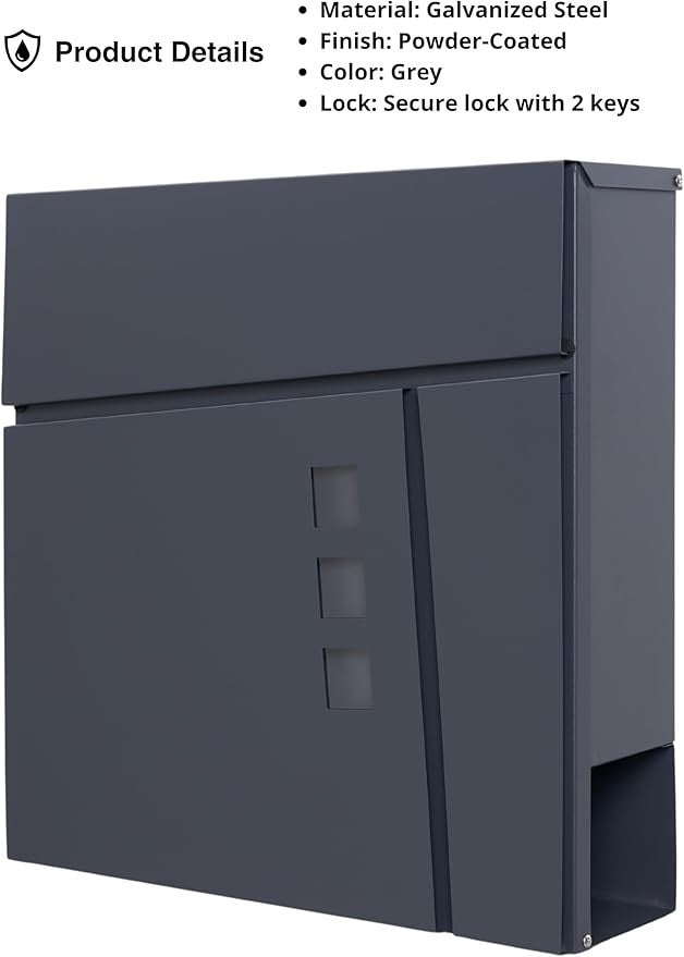 Grey Wall Mounted Lockable Post Box with Newspaper Slot Stainless Steel