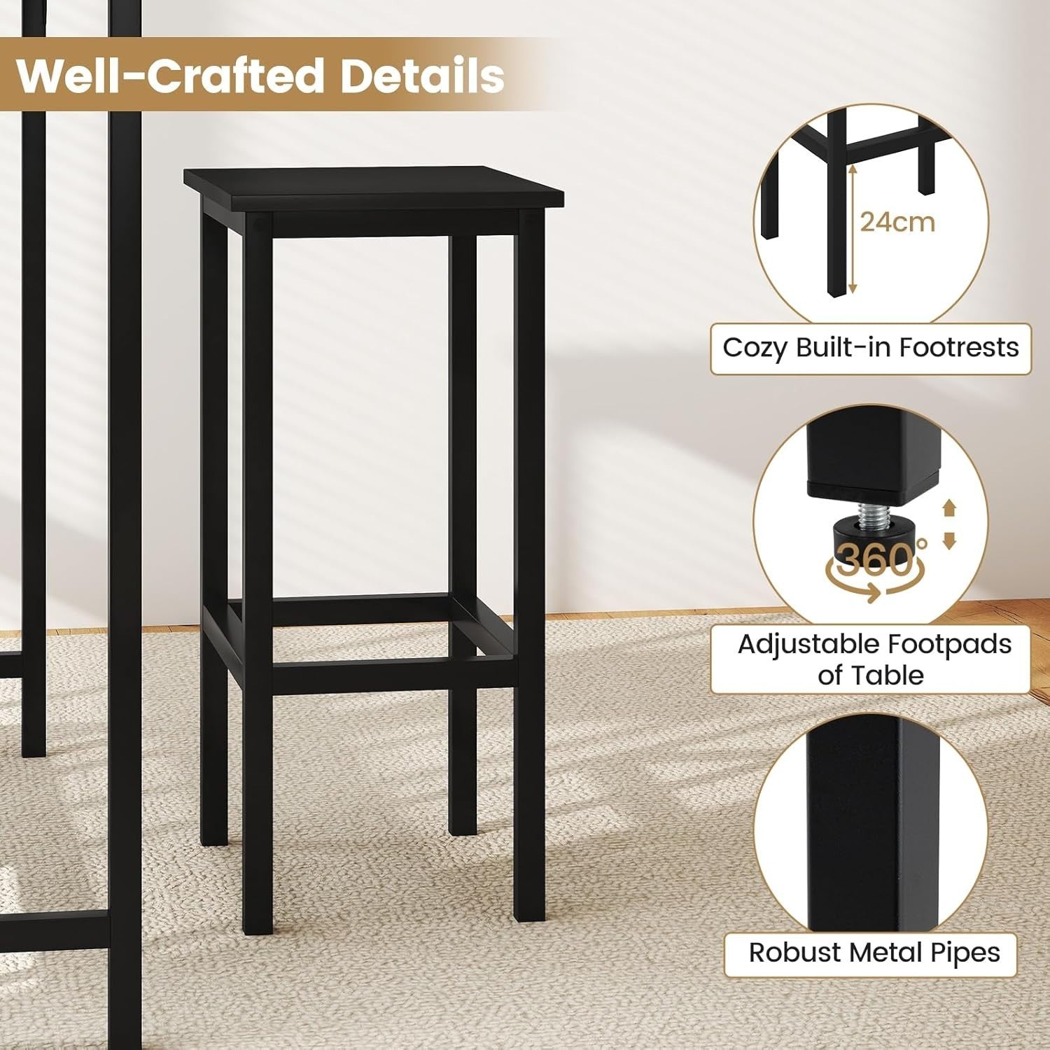 3PCS Bar Table Set with 2 Stools Counter Height Dining Set Space Saving Black