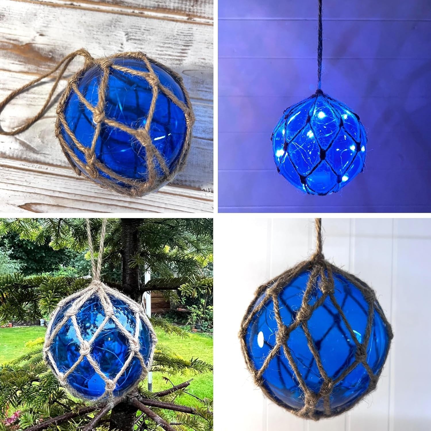 Blue Glass Fishing Buoy Light LED Nautical Hanging Decor Coastal Tiki Bar Lamp