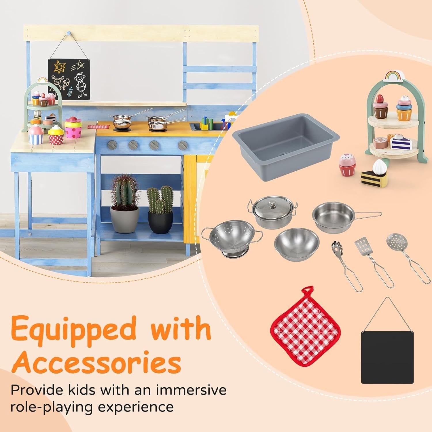 Outdoor Mud Kitchen Kids Playset w/ Picnic Table Blackboard Toys