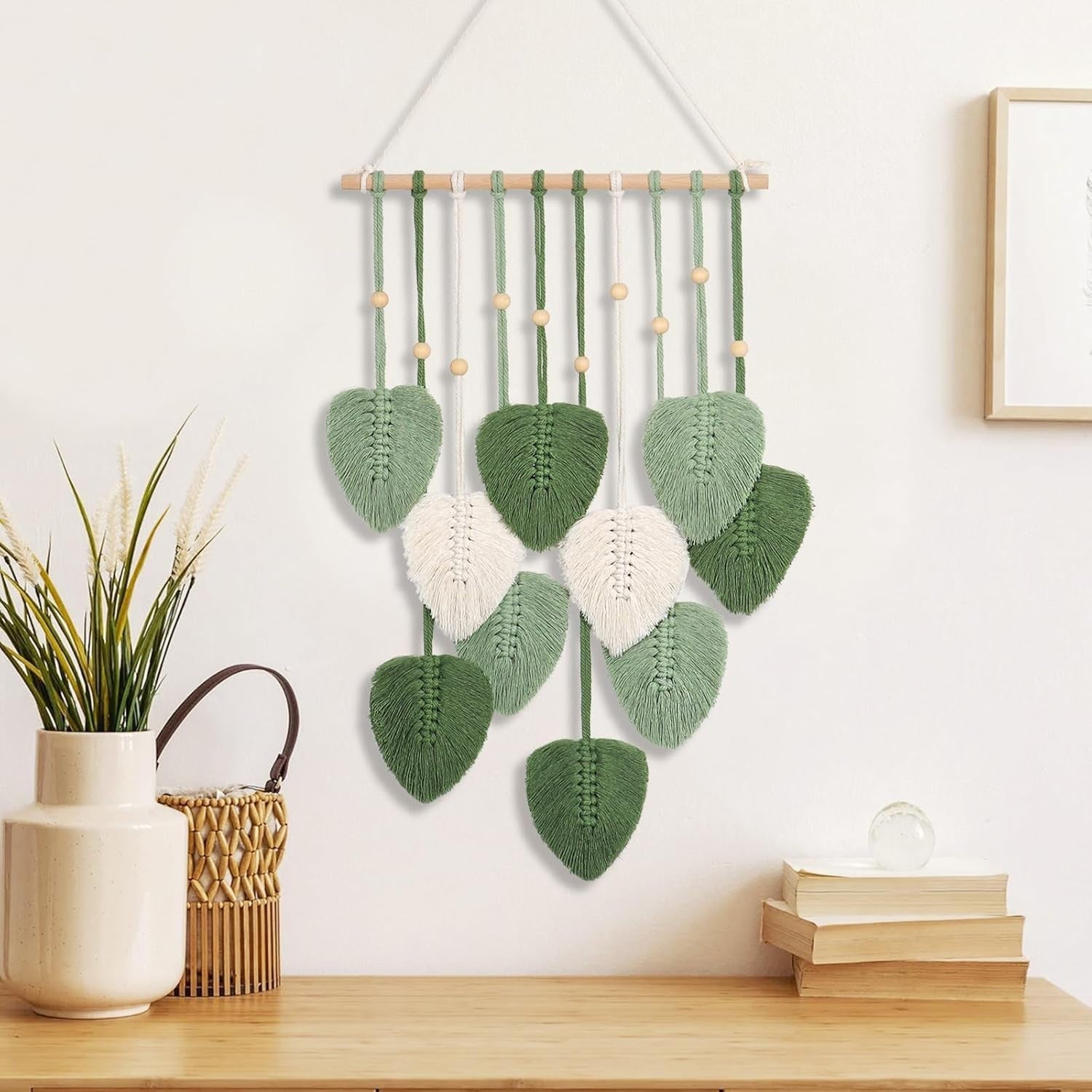 Macrame Wall Hanging Green Leaf Boho Tassel Wall Decor Handmade