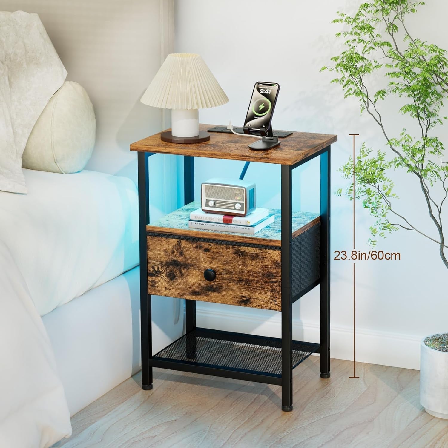 Brown LED Bedside Table with Charging Station Drawer & Storage Shelf