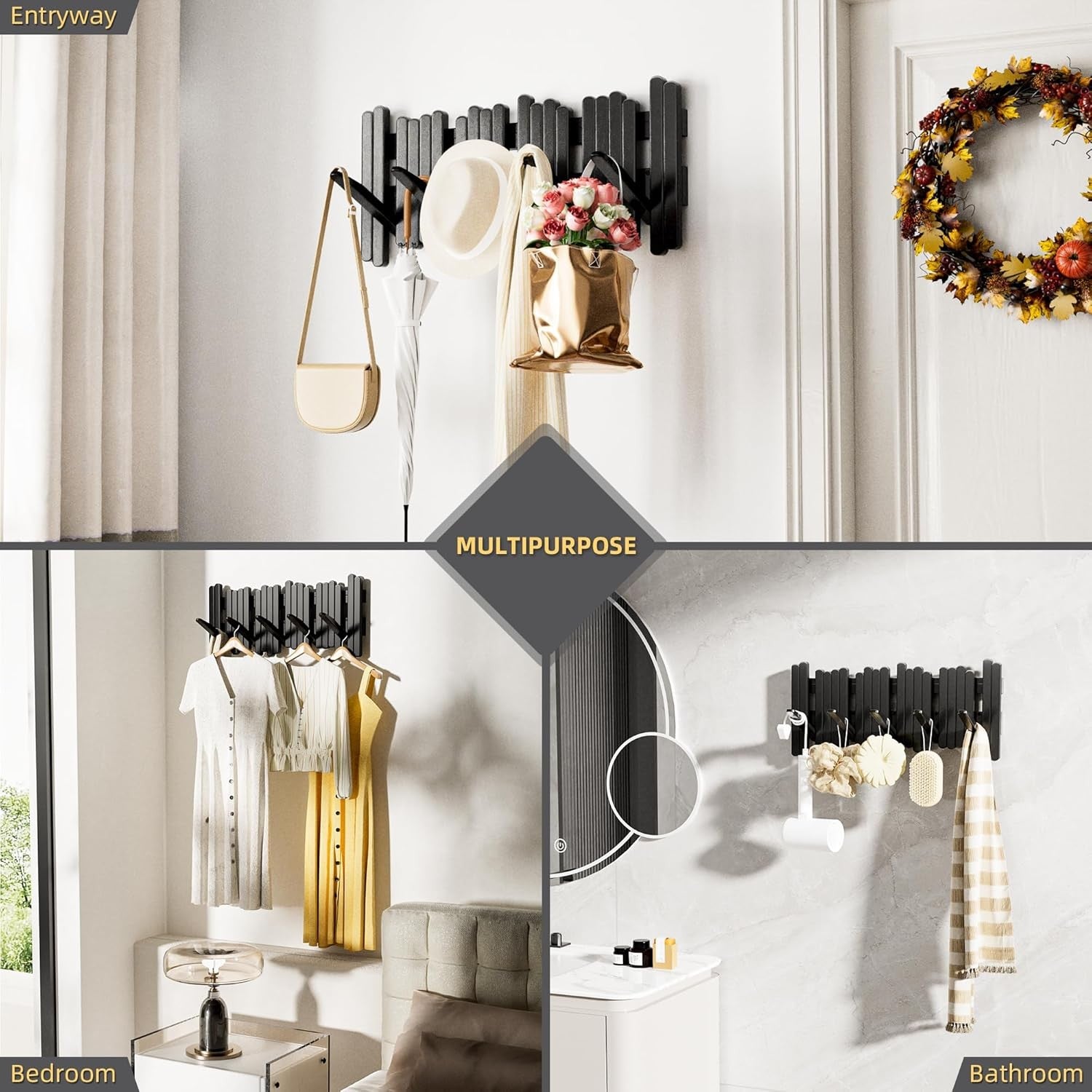 Black Wooden Wall Coat Rack 5 Flip Hooks Space Saving Modern Hallway Organizer