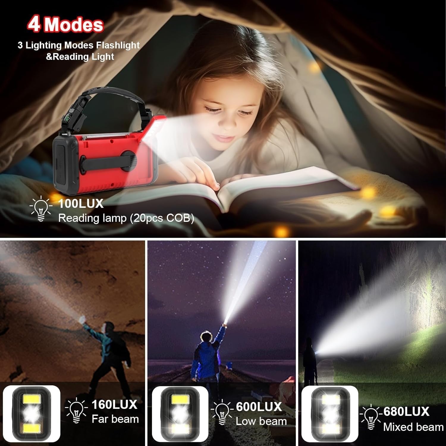 Emergency Solar Hand Crank Radio 20000mAh AM/FM/NOAA Flashlight Red